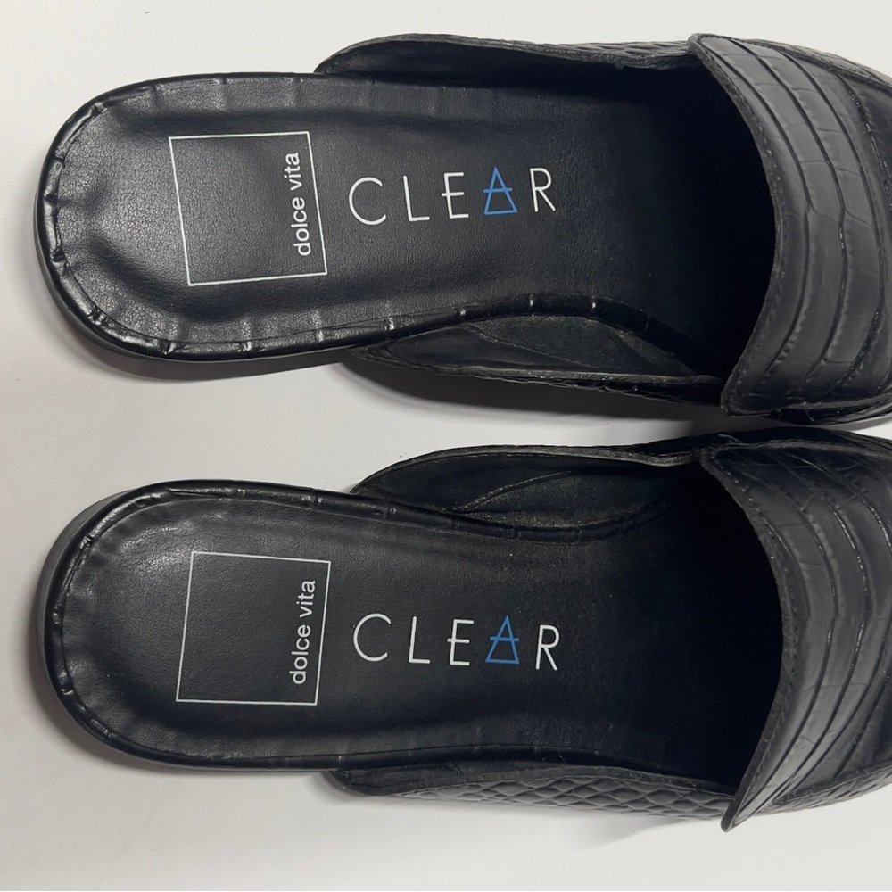 DOLVE VITA Clear Women’s Size 8 Black Slip On Mules. Reptile pattern. Low Heel - Picture 6 of 8